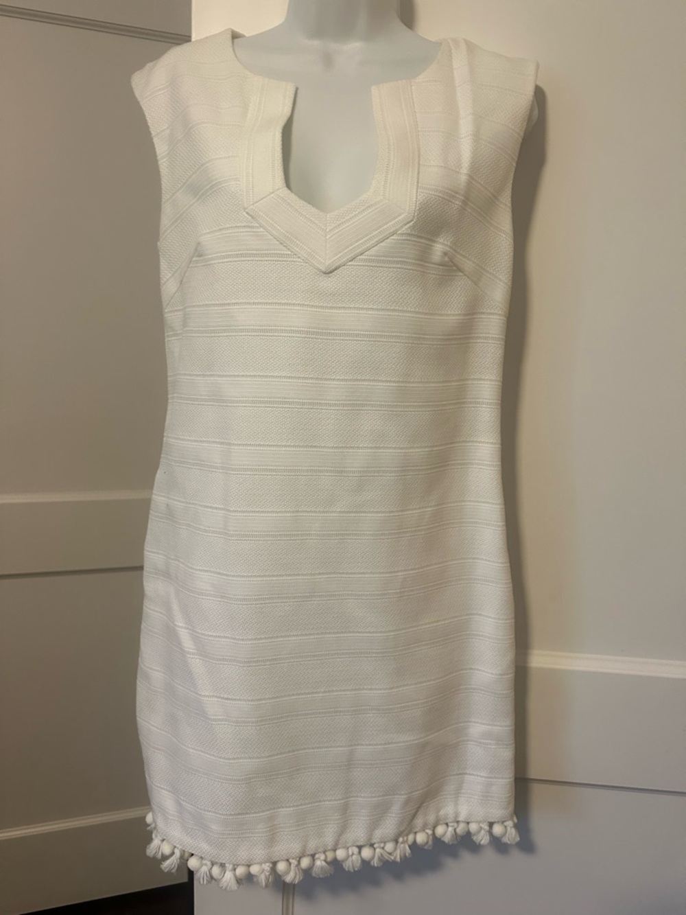 Trina Turk White Sleeveless Shift Dress with Pom Hem